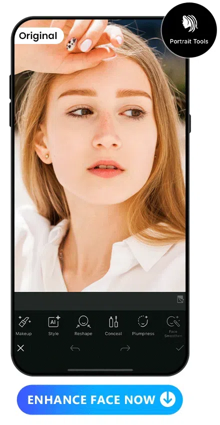 apply reshape, skin smoothen, skin tone, eye brighten portrait features to a woman's photo with PhotoDirector